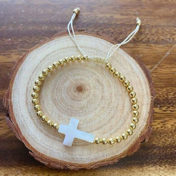 Fresh Water Pearl Cross Gold plated beaded adjustable bracelet - Picture 2 of 5